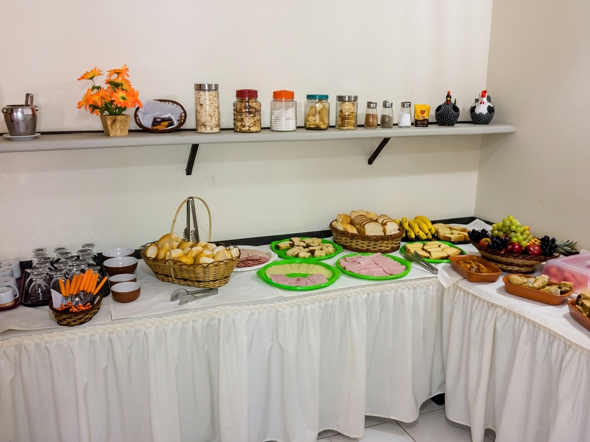 Buffet de café da manhã com pães, frutas e frios
